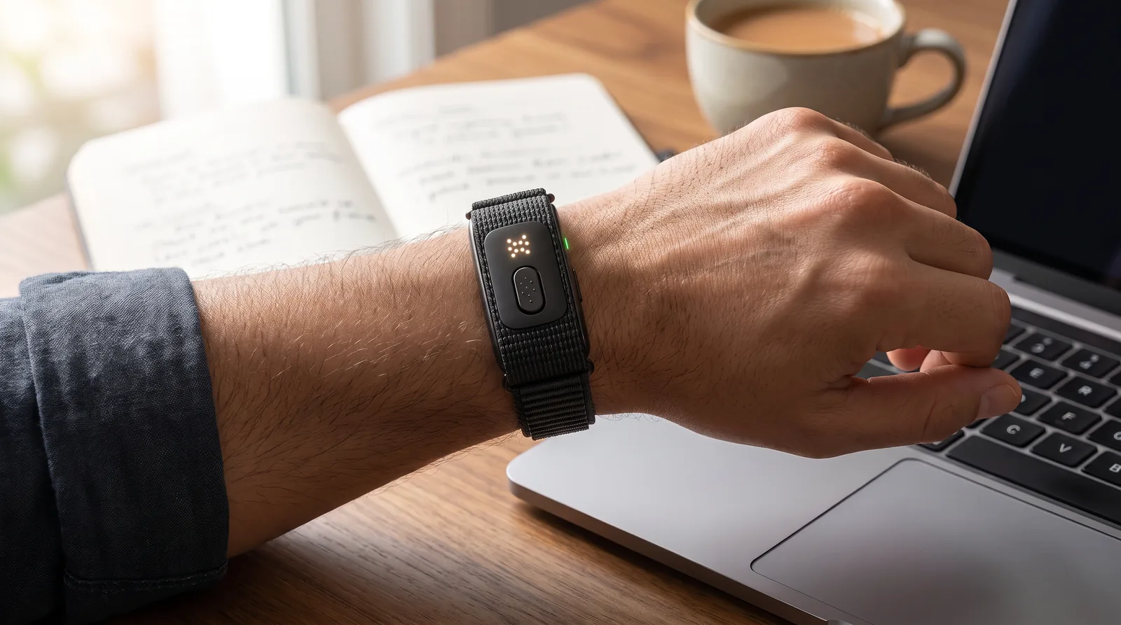 The Truelink Health Band on the wrist at a desk