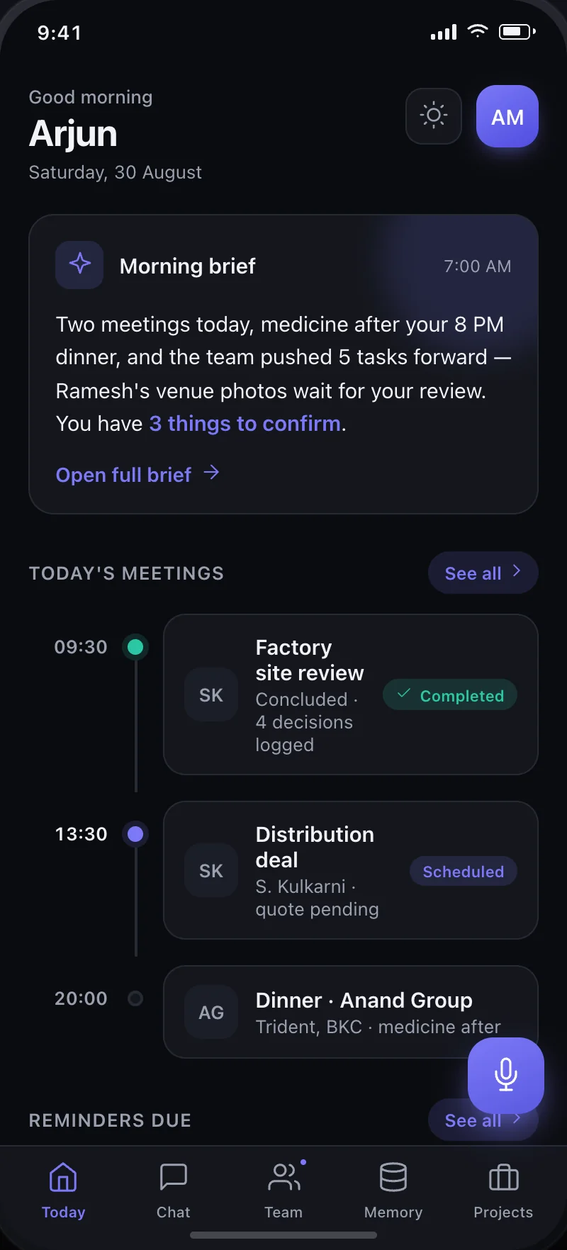 The Truelink app's Today screen: the morning brief and the day's meetings