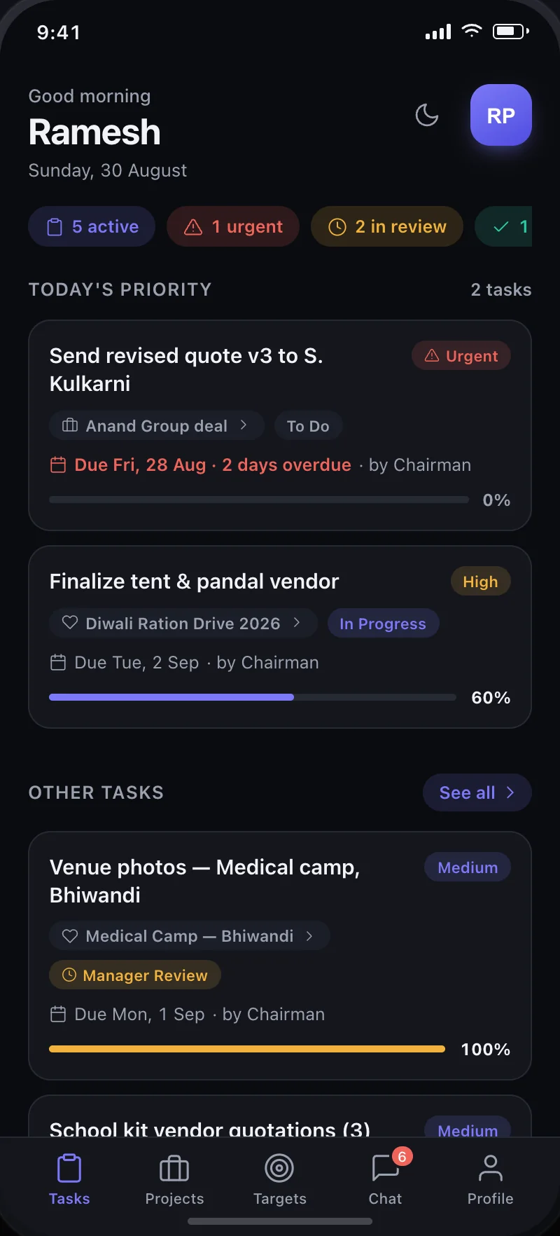 Truelink app: Tasks