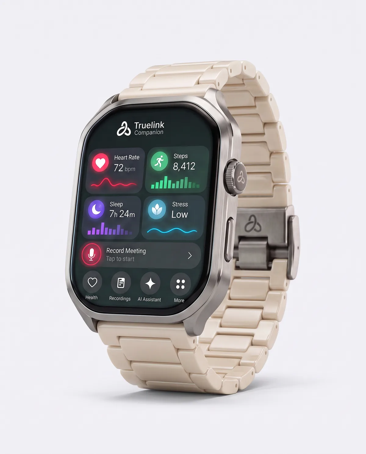 The Truelink Watch on its ceramic strap