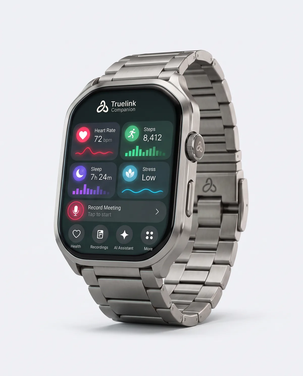 The Truelink Watch on its steel link bracelet